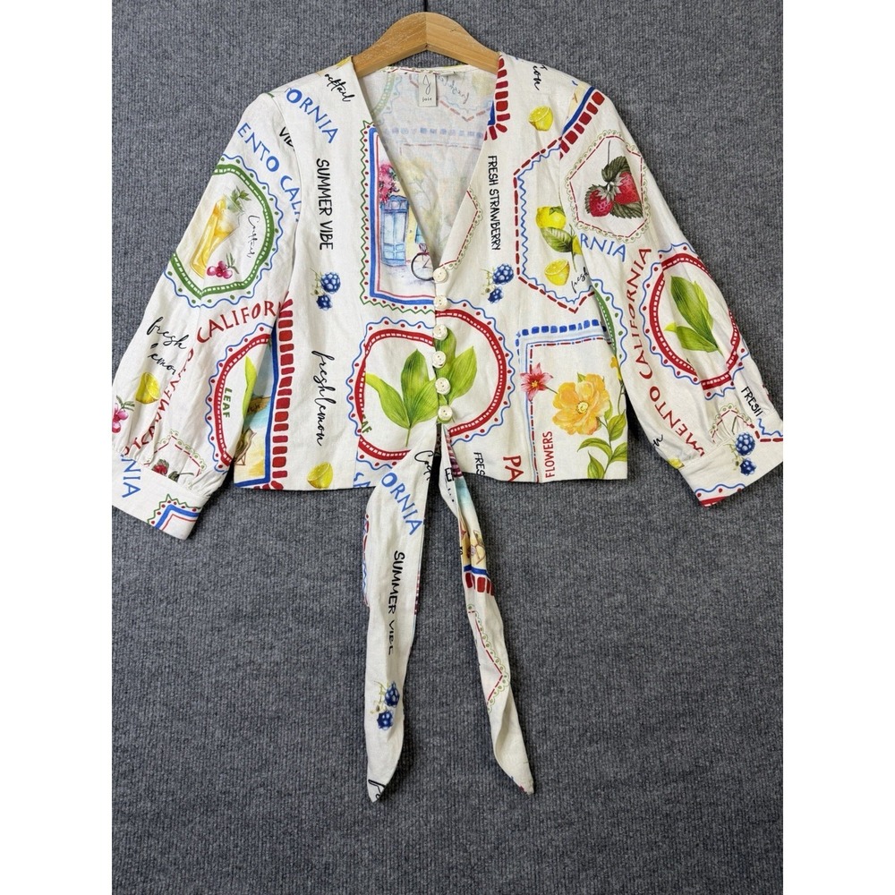 Joie Linen Blend Tie Front Crop Top Women's Size 4 Fruit Floral California Print